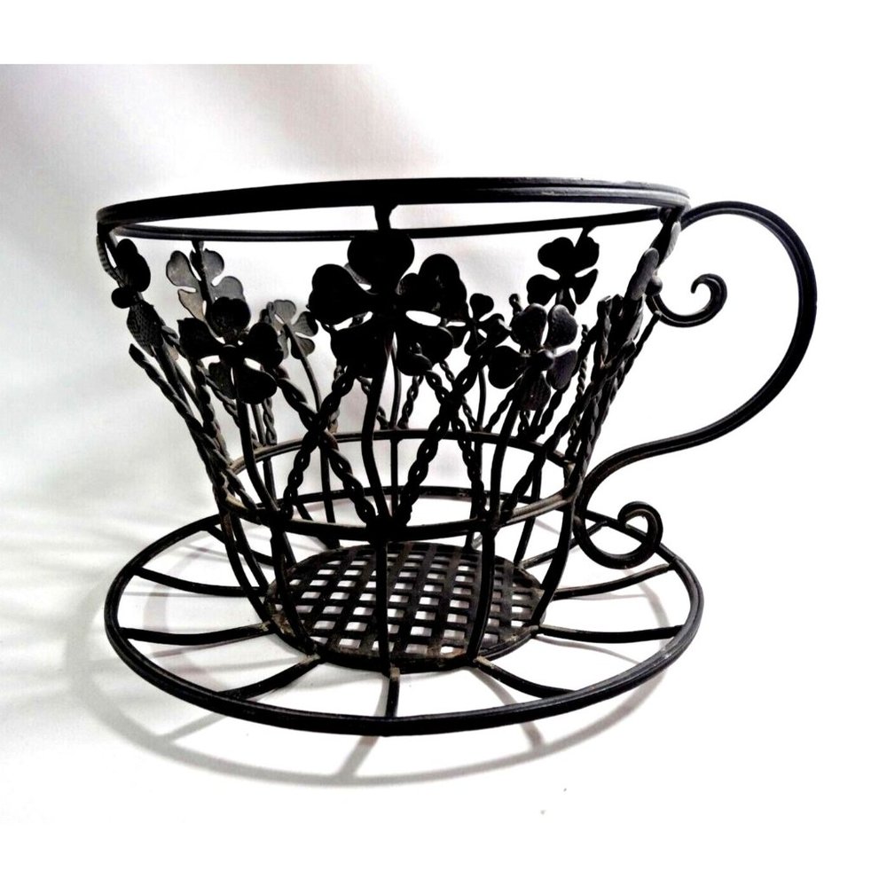 1985 Metal Teacup Black Wire Floral Plant Holder Kitchen Coffee Pod Holder
